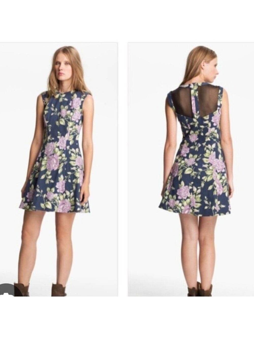 Rag & Bone Ruby Floral Dress SZ: 10 Mesh Back Roses Print Navy Blue Pink